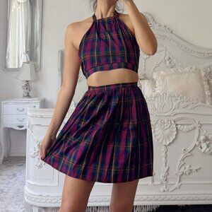 Vintage Silk Tartan Plaid Skirt Set Halter Crop